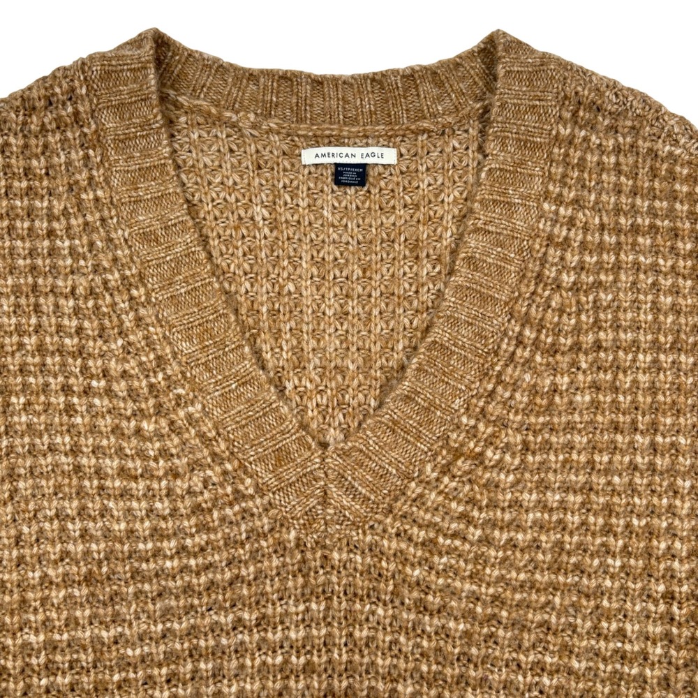 American Eagle Womens XS Sweater V-Neck Waffle Knit Camel Tan Minimalist Neutral